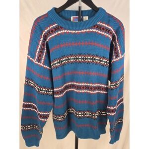 VTG Sweater Graphix Size L Blue Geometric Fair Isle Pullover 80s 90s Grandpa